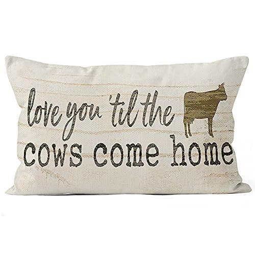 Liosei Farmhouse Farm Rustic Wood Board Love You Till The Cows Come Home Linen Throw Pillow Cover, Funny Cow Mom Lover Gifts for Home Bed Sofa Decorations Decor (12 x 20 Inch)