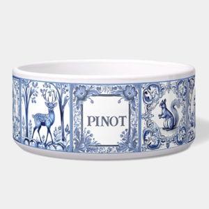 Blue and White Woodland Tiles Custom Pet Bowl