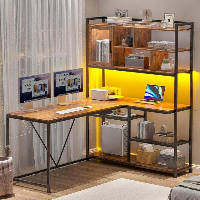 SEDETA L Shape Computer Desk, 58'' Office Desk with LED Light and Bookshelf, L Shaped Corner Desk with Storage Shelves for Home Office, Gaming Desk, L Desk, Rustic Brown