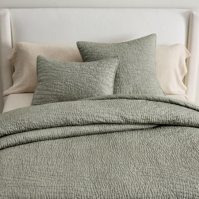 Belgian Flax Linen Handcrafted Quilt, Dark Green, King/Cal.King