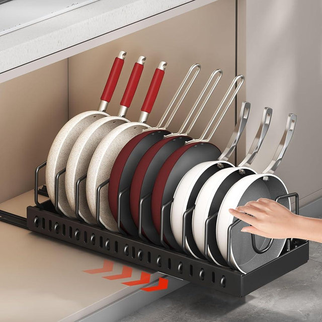 Pull-Out Pots and Pans Organizer Under Cabinet, Pot and Pan Organizers Inside Cabinet for Kitchen Cabinet Storage and Pots Storage Rack Pans Lid Dishes Holder Bakeware Organizer with Slide Rails