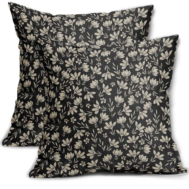 Vintage Flower Pillow Covers 20x20 Set of 2 Black Brown Floral Block Print Rustic Decorative Throw Pillows Outdoor PillowCase Farmhouse Linen Cushion Case Decor for Home Sofa Couch Bed