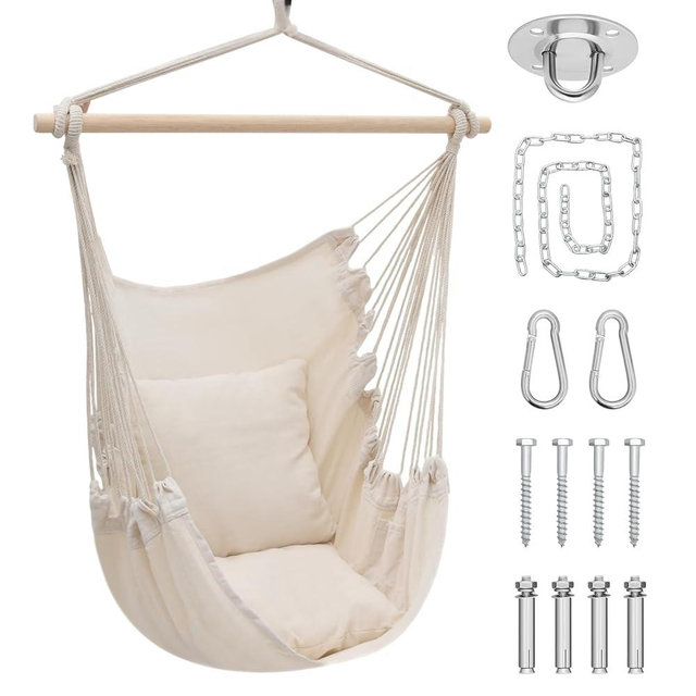 Athena Collection Hammock Chair Hanging Rope Swing Chair with 2 Cushions, Max 350 Lbs, Hanging Macrame Chair with Anti-Slip Grooves Spreader Bar and Pocket for Outdoor Indoor Patio Yard, Beige