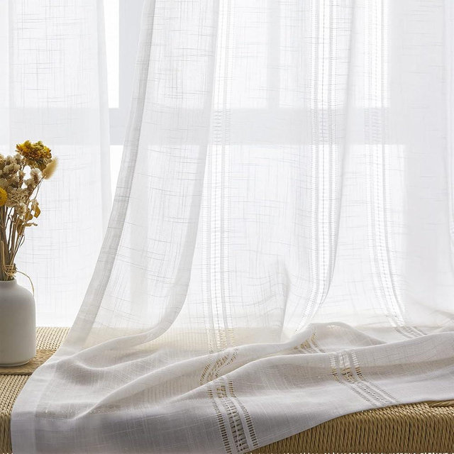 Maison Colette White Curtain 84 Inches Length for Bedroom,Linen Blend Semi Sheer Rod Pocket Window Treatment Drapes for Living Room,2 Panels,52" Width