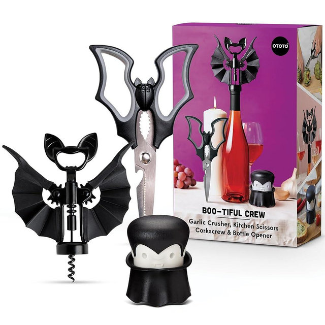 OTOTO Boo-tiful Crew Bundle of Elizabat, Vino, Gracula - Halloween Kitchen Decor Goth Accessories, Cool Kitchen Gadgets, Bat Scissors, Spooky, Witchy Bottle Opener, Garlic Crusher, Spooky Funny Gifts