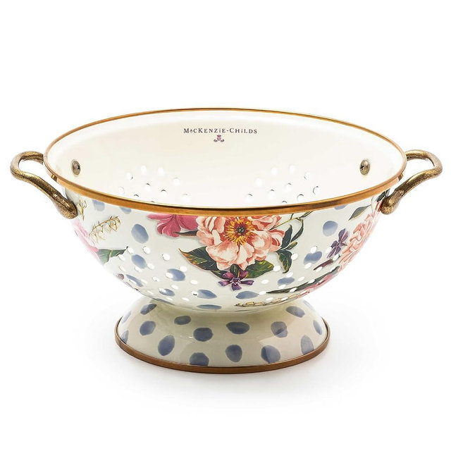 MACKENZIE-CHILDS Enamel Colander, Decorative Kitchen Strainer, Cute Enamel Cookware, Large, Blue Wildflowers