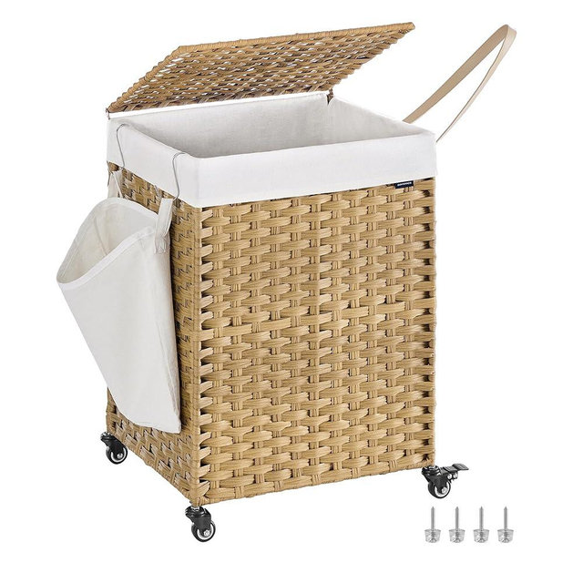 SONGMICS Laundry Hamper with Lid, 31.7 Gallons (120 L), Rolling Laundry Basket with Wheels, Synthetic Rattan, Removable Liner, Bedroom, 18.1 x 15.7 x 26 Inches, Natural Color ULCB161Y01