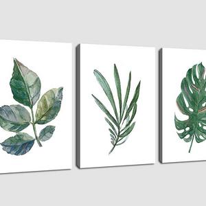Canvas Art Simple Life Green Leaf Painting Wall Art Decor 12" x 16" 3 Pieces Framed Canvas Prints Watercolor Giclee with Black Border Ready to Hang for Home Decoration
