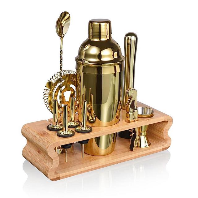 Esmula 12 Piece Bartender Kit with Bamboo Stand, 25oz Cocktail Shaker Set for Mixed Drink, Professional Bar Tool Set with Cocktail Recipes Booklet, Gift for Man Dad Friend (Gold)