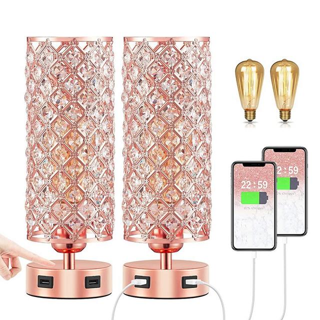 Touch USB Crystal Rose Gold Lamp Set of 2, 3-Way Touch Crystal Lamps with Dual USB Ports, Dimmable Nightstand Desk Light, Pink Bedside Table Lamp for Bedroom(Bulb Included&Set of 2)