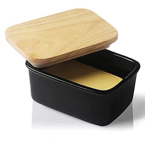 SWEEJAR Porcelain Butter Dish with Lid, Airtight Large Butter Keeper with Wooden Lid, Butter Container Perfect for 2 Sticks of Butter West or East Coast Butter(Black)