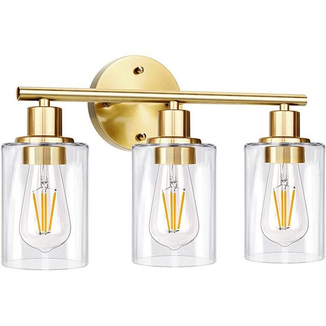 3-Light Gold Bathroom Light Fixtures, Modern Bathroom Vanity Light with Clear Glass Shade, Brushed Brass Bath Wall Mount Lights, Wall Lamp for Mirror Kitchen Bedroom Hallway Living Room Hallway