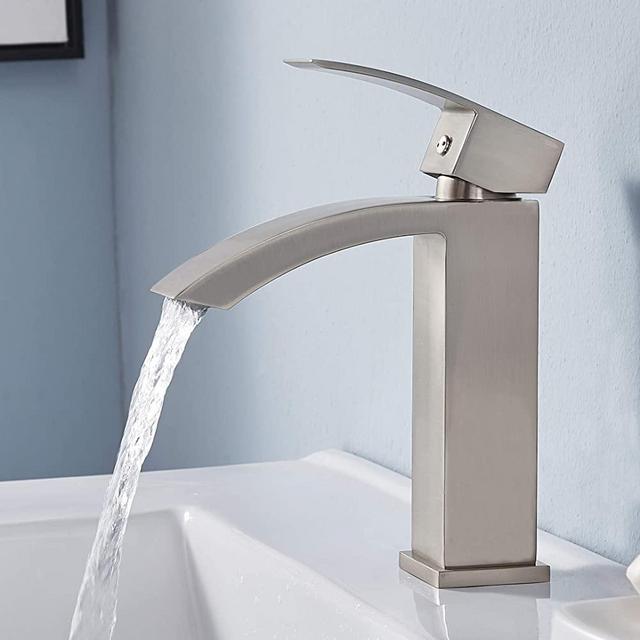 Friho Single Handle Waterfall Bathroom Vanity Sink Faucet with Extra Large Rectangular Spout, Brushed Nickel
