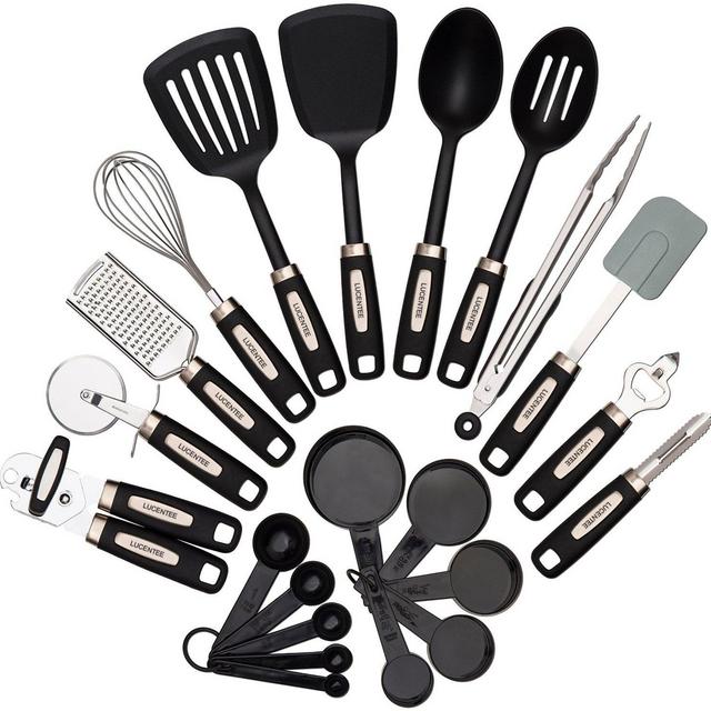 Cooking Utensils Set 22-piece - Home Kitchen Tools - Stainless Steel & Nylon Gadgets - Turners, Tongs, Spatulas, Pizza Cutter, Whisk, Bottle Opener, Grater, Peeler, Can Opener, Measuring Cups & Spoon
