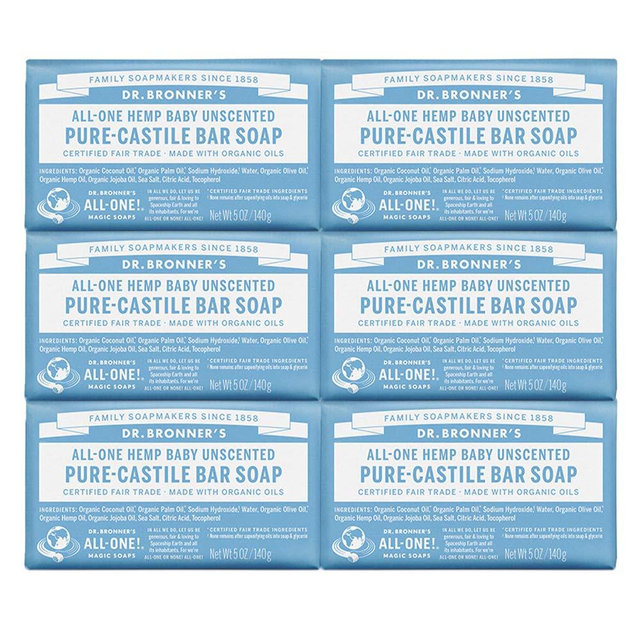 Dr. Bronner’s - Pure-Castile Bar Soap (Baby Unscented, 5 ounce, 6-Pack) - Made with Organic Oils, For Face, Body and Hair, Gentle for Sensitive Skin and Babies, No Added Fragrance, Biodegradable