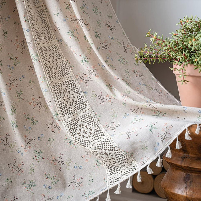 ENJOYBRIDAL Floral Curtains 84 Inch Length 2 Panels Crochet Lace Patchwork Drapes Semi-Sheer Boho Tassel Bedroom Living Room Farmhouse Beige Country Rustic Rod Pocket Window Curtain Panels