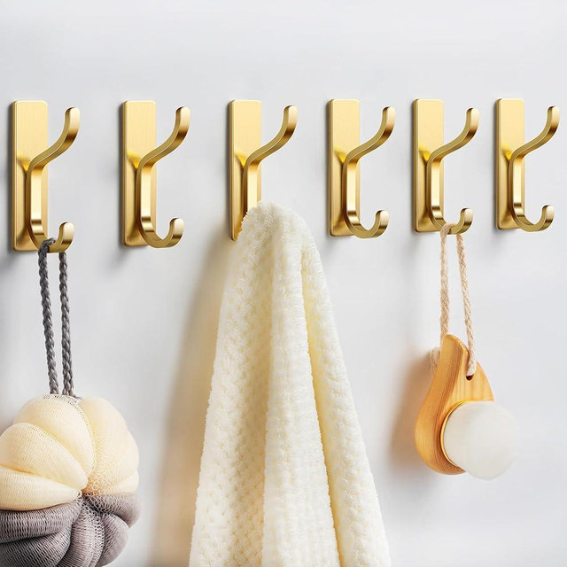 pickpiff Adhesive Wall Hooks for Hanging Towels: Brushed Gold Stainless Steel, 13LB Strong Hold Sticky Hangers for Coats, Purses,Bags, Keys - Bathroom, Kitchen, Door, Shower, Dorm, RV - 6 Pack