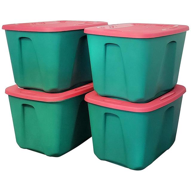 HOMZ 6618MXDC.04 18 Gallon Stackable and Nestable Heavy Duty Plastic Holiday Storage Container with 4 Way Handles, Green/Red,