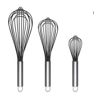 TEEVEA Silicone Whisk Set of 3 Non Scratch Non Stick Silicone Coated Stainless Steel Wire Whisks Heat Resistant 480°F Kitchen Wisk for Cooking Blending Whisking Tool Black