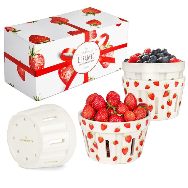 Ceramic Berry Basket Set of 4 - Rustic Berry Bowls with Holes, Strawberry Basket, Ceramic Colander & Fruit Basket, Decorative Berry Baskets with Gift Packaging for Fridge, Kitchen or Table Storage.