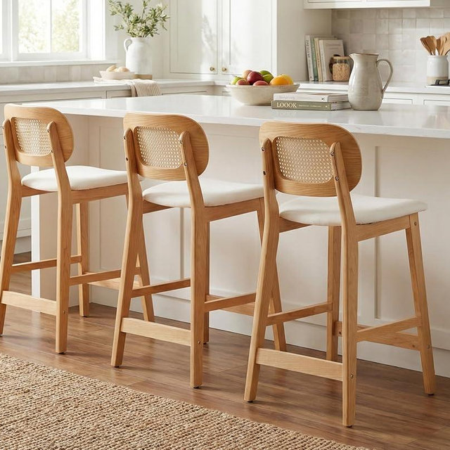 EALSON Rattan Counter Height Bar Stools Set of 3 Modern Farmhouse Barstools with Cane Backs 26 Inch Wood Counter Stool Breakfast Upholstered Bar Chairs for Kitchen Island, Fabric Beige