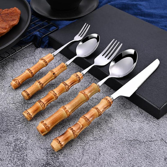 Bamboo Silverware Set for 6, 30 Piece 18/8 Stainless Steel Cutlery Set, Natural Bamboo Handle Cutlery Sets, Household Kitchen Utensil for 6, Flatware Sets, Dishwasher Safe