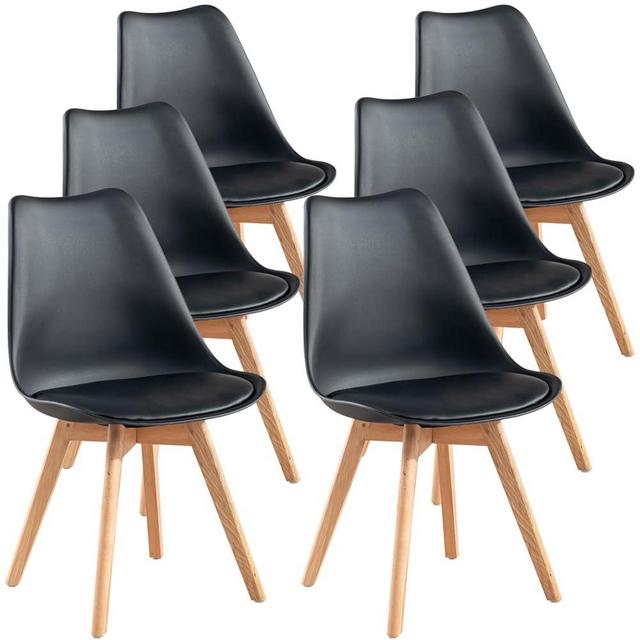 FurnitureR Dining Chairs Set of 6, Faux Leather Cushioned Upholstered Side Chairs Armless Mid-Back for Dining Room Kitchen Living Room, Soft Padded Seats & Solid Wood Legs, Black