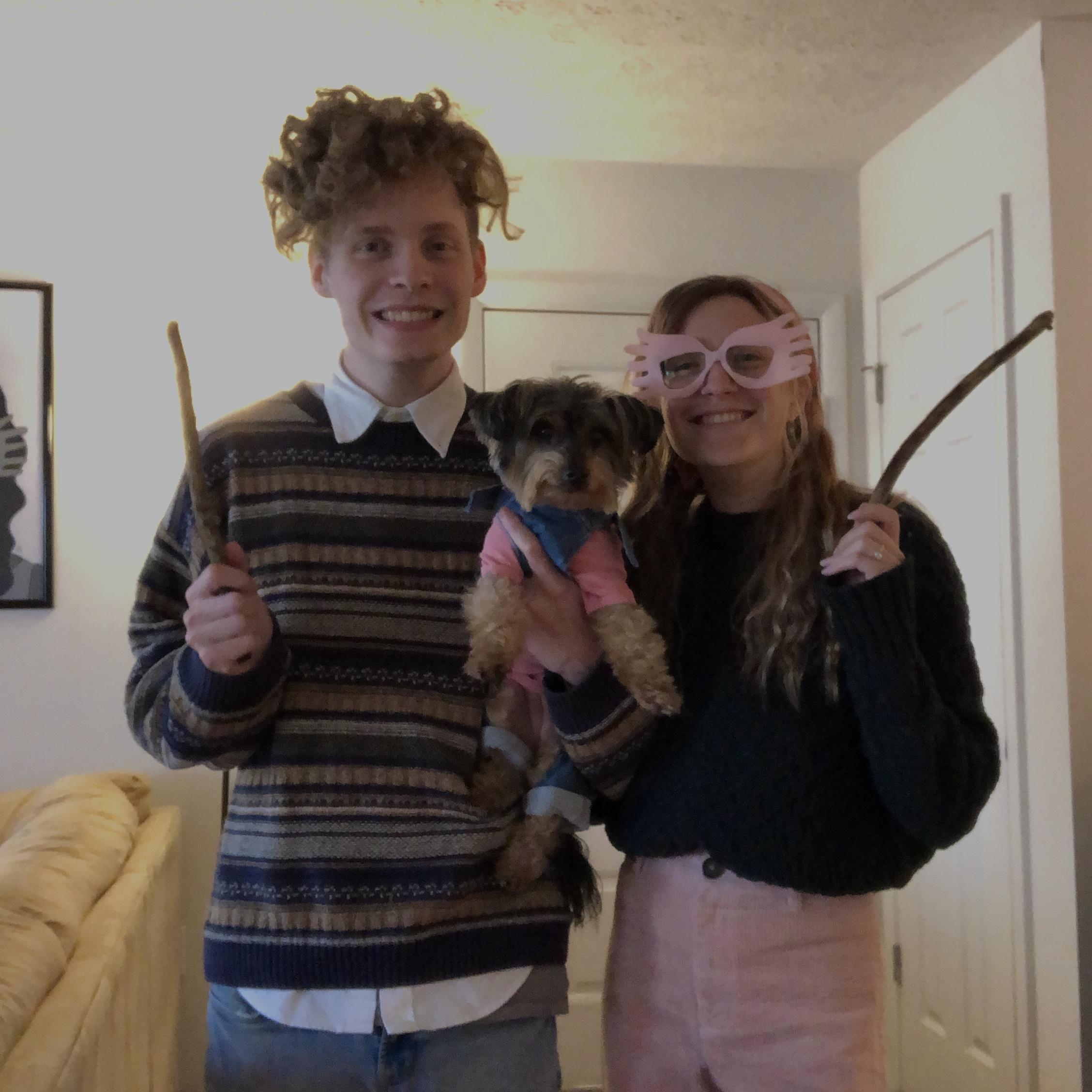 Our first Halloween together in person as Neville Longbottom, Luna Lovegood & mini Hagrid.