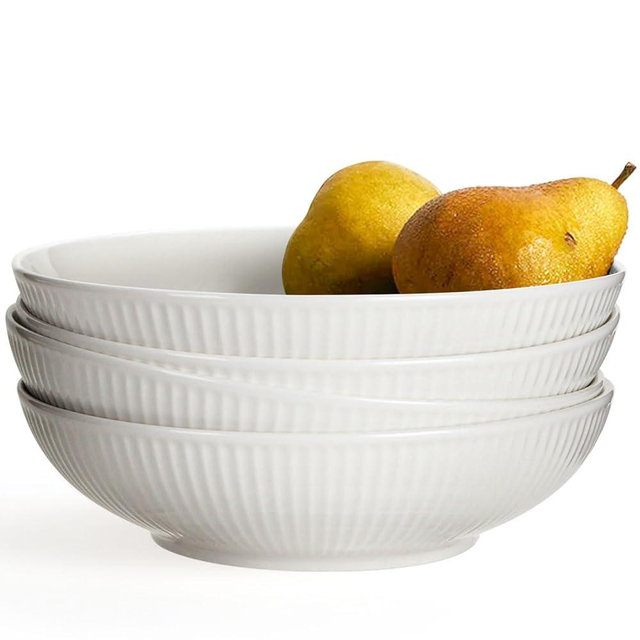 Artena Pasta Bowls 32oz, Ceramic Large Salad Bowls 7.9 inch, Striped Soup Bowls Set of 4, White Serving Bowls for Entertaining, Wide Shallow Dinner Bowls for Spaghetti, Microwave Dishwasher Oven Safe