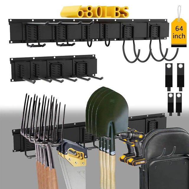CBWLWJ 64'' Garage Tool Organizer Wall Mount - Heavy Duty 680 lbs Capacity Tool Rack with 10 Adjustable Hooks, Wall Mounted Storage System for Garage, Shed, Workshop (Black)