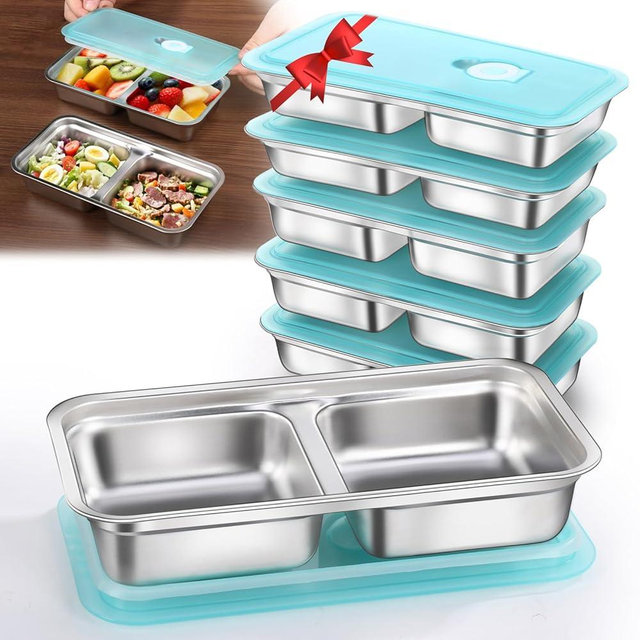 Tikmos 6 Pack Stainless Steel Snack Containers Reusable, Grab and Go 2 Compartment Food Storage Containers with Leakproof Lids for Travel and Outdoor Camping School Lunch Prep Dishwasher Safe