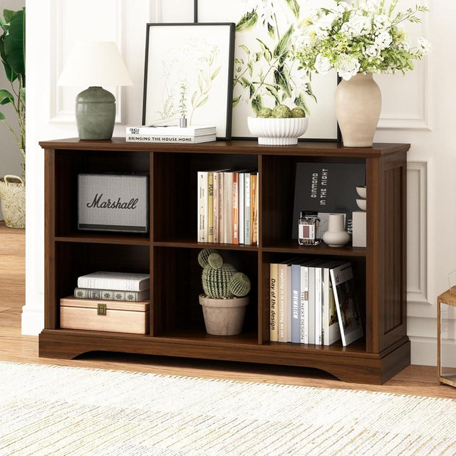 Athyrios 6 Cube Storage Organizer - 47.4" Farmhouse Wood Low Bookshelf, 3 Tier Horizontal Open Shelf Bookcase Cubby Storage Console Cabinet for Living Room, Entryway, Office, Walnut