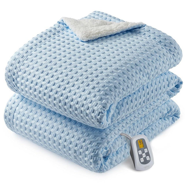 CAROMIO Heated Blanket Full Size, Waffle Weave Electric Blanket Throw with LCD Controller, Fast Heating, 10 Heat Levels & 1-12H Time Settings, ETL Certified, Machine Washable, Light Blue, 72" x 84"
