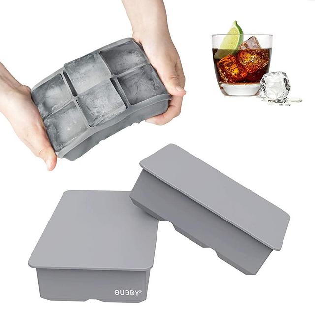 Ouddy Ice Cube Trays Set of 2, Large Size Silicone Flexible 6 Cavities Ice Cube Molds with Removable Lids, Reusable Silicone Ice Cube Trays with A Clip for Whiskey, Cocktails & Bourbon(Grey)