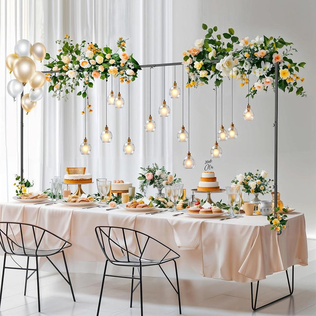 Almirantra Over The Table Rod Stand with Clamps, Adjustable 29"-44" Tall 46"-98" Length, Table Arch Stand for Wedding Birthday Party Anniversary Halloween Christmas Decoration Supplies(Black)