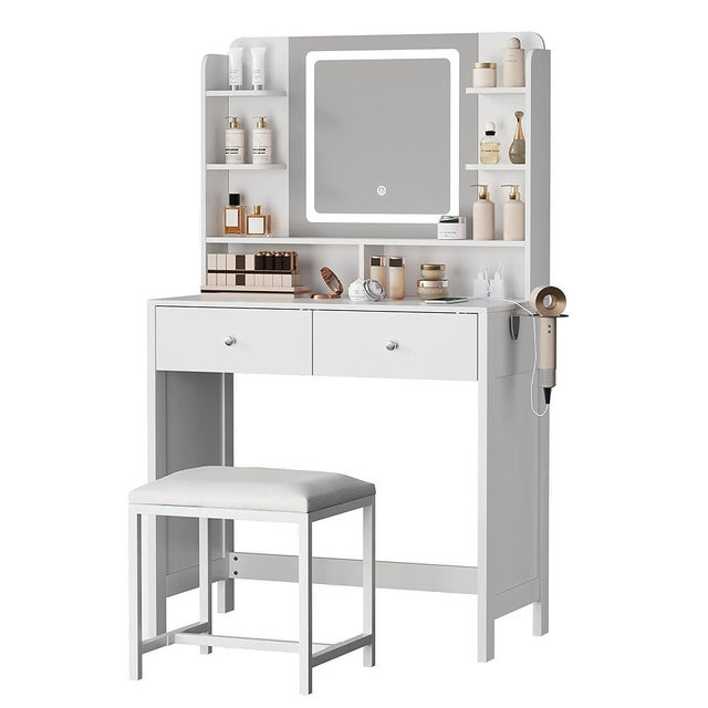 ELUREVIA White Vanity with Lighted Mirror, 8 Shelves, 2 Drawers, Charging Station, Hair Dryer Holder & Stool, LED Mirror with 3 Light Modes
