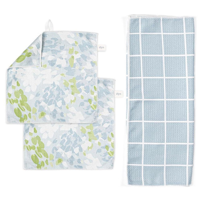 ELYN Microfiber Kitchen Dish Towel & Dish Cloth Set, Quick-Dry & Absorbent Waffle Weave Cleaning Cloths, Set of One Kitchen Towel & Two Washcloths, Paper Towels Alternative (Painterly Floral & Grid)