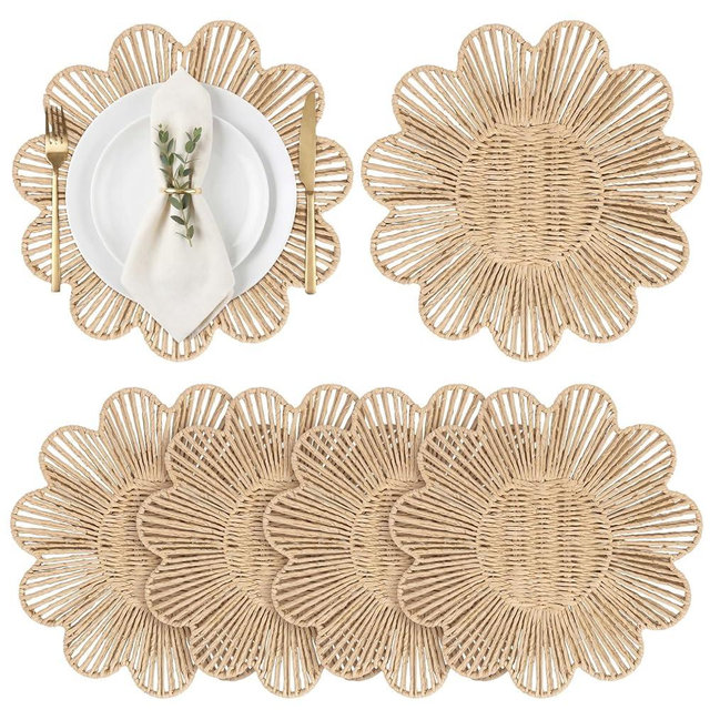 Gandeer 4 Pcs 12.6 Inch Paper Rope Round Woven Flower Placemats, Natural Hand Woven Boho Farmhouse Rattan Table Mats, Wicker Braided Placemats, for Dining Table Decor, Wedding Party, Home & Kitchen
