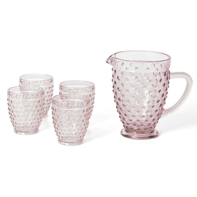 Martha Stewart Chauncey 5-Piece Handmade Hobnail Pitcher and Glassware Set, Pink