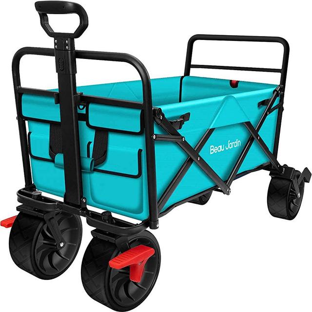 BEAU JARDIN Folding Wagon Cart with Brake Free Standing Collapsible Utility Camping Grocery Canvas Fabric Sturdy Portable Rolling Buggies Outdoor Garden Sport Heavy Duty Shopping Cart Wagon Blue