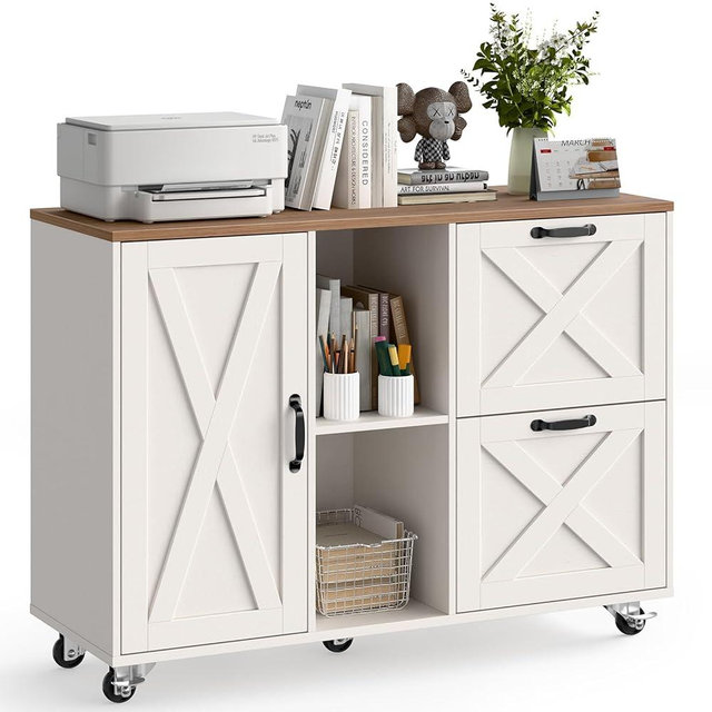 Lateral File Cabinet with 2 Drawers and Door, Mobile Farmhouse File Cabinet for Letter/A4 Size Hanging Files, Large Wood File Storage Cabinets Printer Stand for Home Office, White