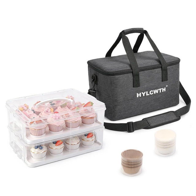 Cupcake Carrier, Cupcake Holder With Lid And Handles, 2-Layer Cupcakes Containers, 24 count Reusable Cupcake Box, Cupcake transport container With Portable Insulated Bag and 200Pcs Cupcake Liners