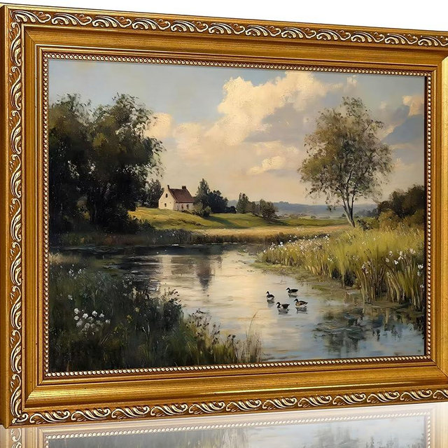 Vintage Gold Framed 3D Texture Landscape Wall Art Country Pond Mallard Duck Painting Picture Wall Decor Farmhouse Scenery Poster Print Artwork for Bedroom Bathroom Livingroom Home Decoration