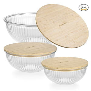 Stackable Space-Saving Nesting Set of 3 Glass Bowls with Bamboo Lids for Foodprep, Storage, Mixing & Cooking - Microwave & Oven Safe BPA Free Durable Heat Resistant Inert Borosilicate Glass