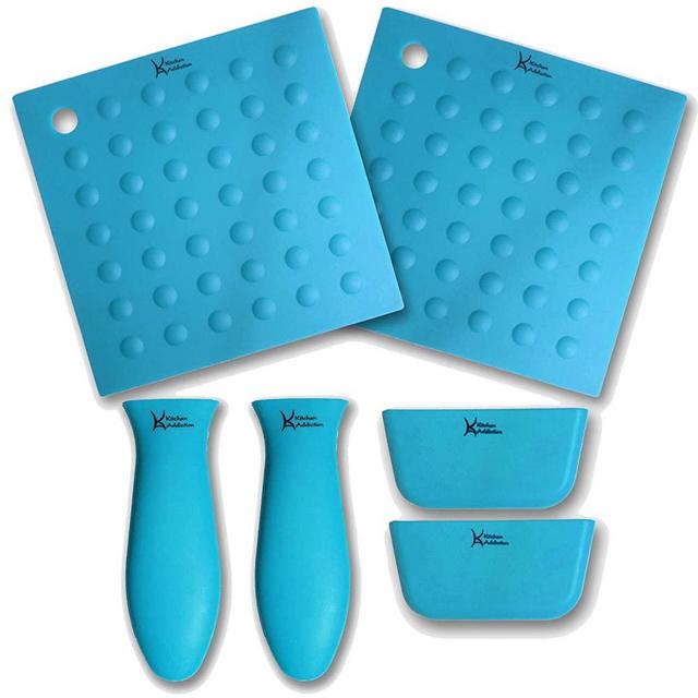 6 Piece Silicone Kitchen Set - Kitchen Addiction 2 Hot Handle Holder Sleeves, 2 Trivet/Potholder/Grippers, 2 Assist Handles Set (Turquoise)