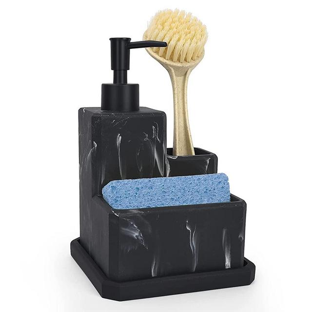 Soap Dispenser with Sponge Holder and Brush Holder,Black Marble 3 in 1 Liquid Hand Dish Soap Dispenser and Sponge Holder for Kitchen Sink Caddy Bathroom Countertop Organizer,Removable Bottom Tray
