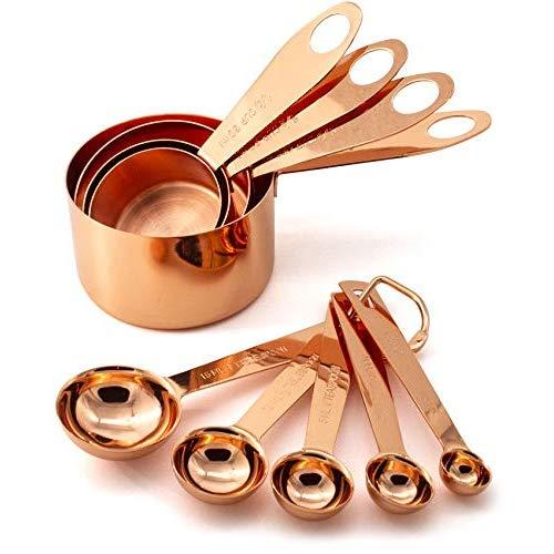 9 Piece Copper Stainless Steel Measuring Cups and Spoons Set with Engraved Measurements, Pouring Spouts & Mirror Polished for Dry, Liquid Ingredients, Cooking & Baking