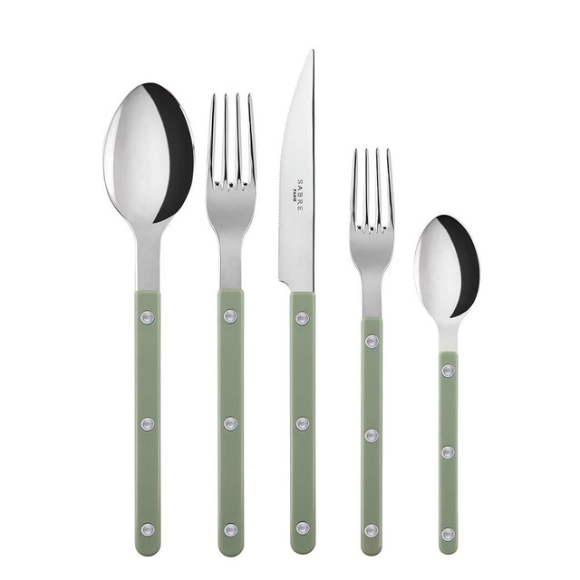 SABRE PARIS - 5-Piece Flatware Set - Bistrot Collection - Knife, Fork, Soup Spoon, Teaspoon & Dessert Fork - Stainless Steel & Nylon - Dishwasher Safe - Asparagus - Brilliant Finish