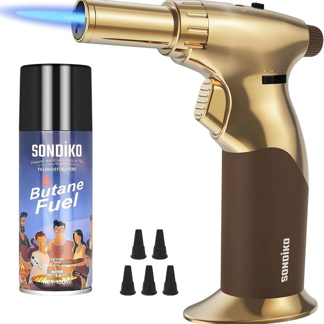 Sondiko DUAL Style Flame Butane Torch Lighter with 100ml Premium Butane Fuel Canister, Adjustable Size Refillable Blow Torch with Continuous Flame Lock for Cooking, Baking and Outdoor Use, Gold
