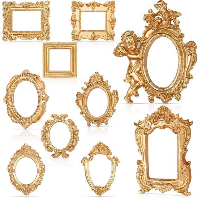 Yulejo 10 Pcs Vintage Resin Picture Frame Antique Vintage Collage Photo Frame Mini Oval Rectangle Wall Hanging Frames for DIY Jewelry Display Home Decor, Without Glass or Backing (Gold)